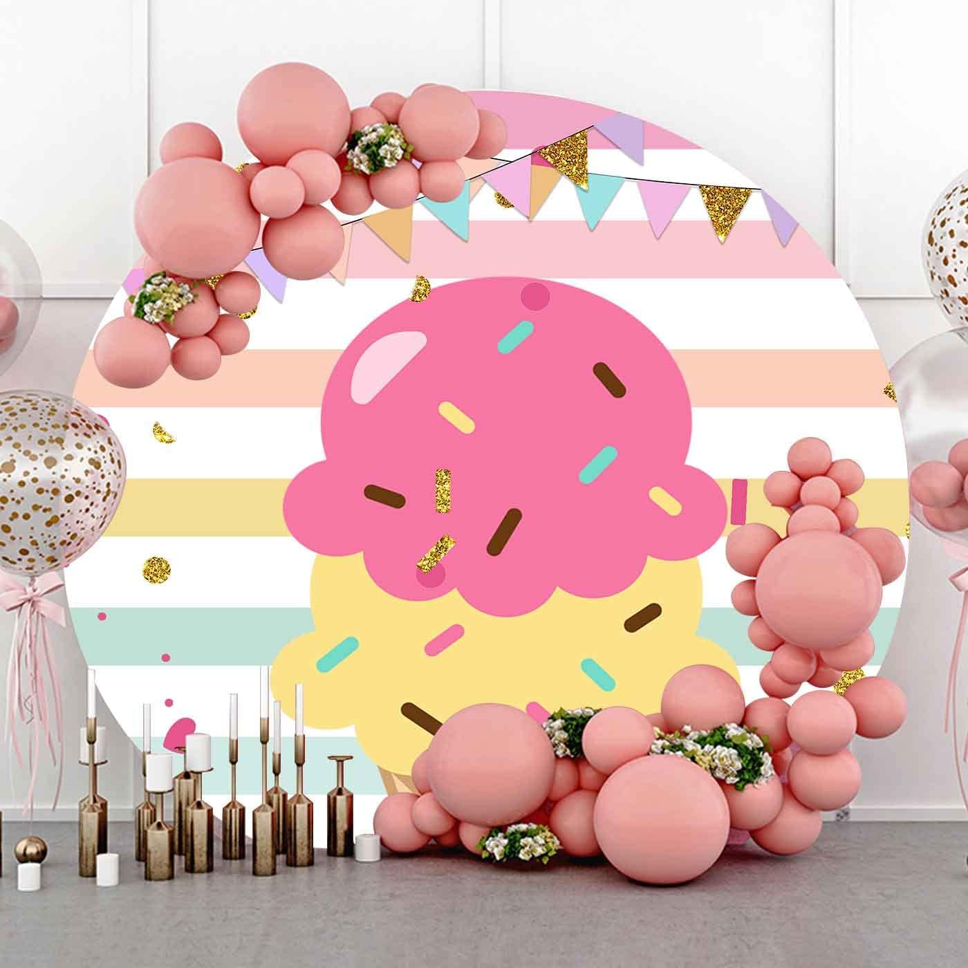 Ice Cream Birthday Round Backdrop Cover, 7.2ft Polyester Colorful Candy Colorful Stripes Circle Backdrop, Chic Circular Girl Birthday Party Banner Decorations Photo Booth Prop YMBXTPH160