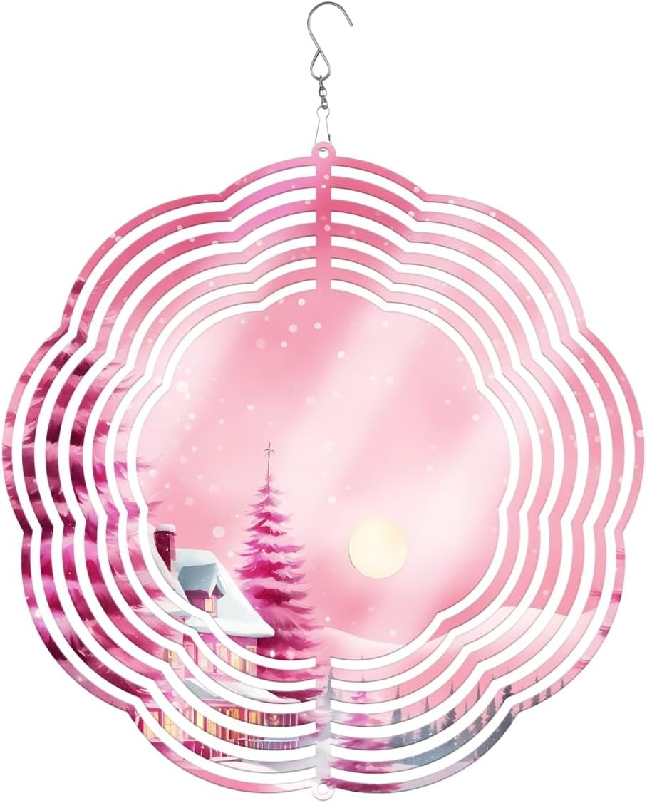 Pink Farmhouse with Moon Christmas Wind Spinners 3D Stainless Steel Laser Cut Metal Double Sided Printing-Hanging Indoor/Outdoor Decorations Yard Gardening Decor,Metal Kinetic Art 16x16 inches