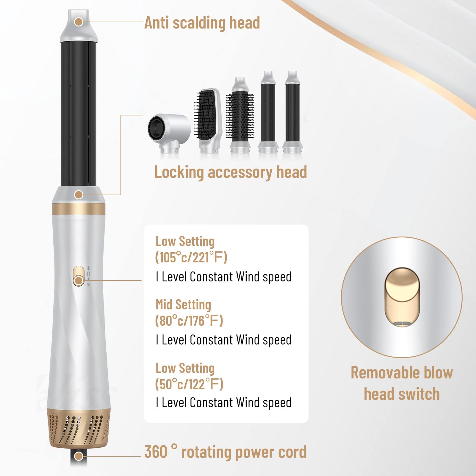 Cepillo secador de pelo Air Styler 5 en 1, moldeador Desmontable multifuncional con Iones Negativos Secador, Rizador y Cepillo Térmico para Cabello Seco, Liso y Rizado