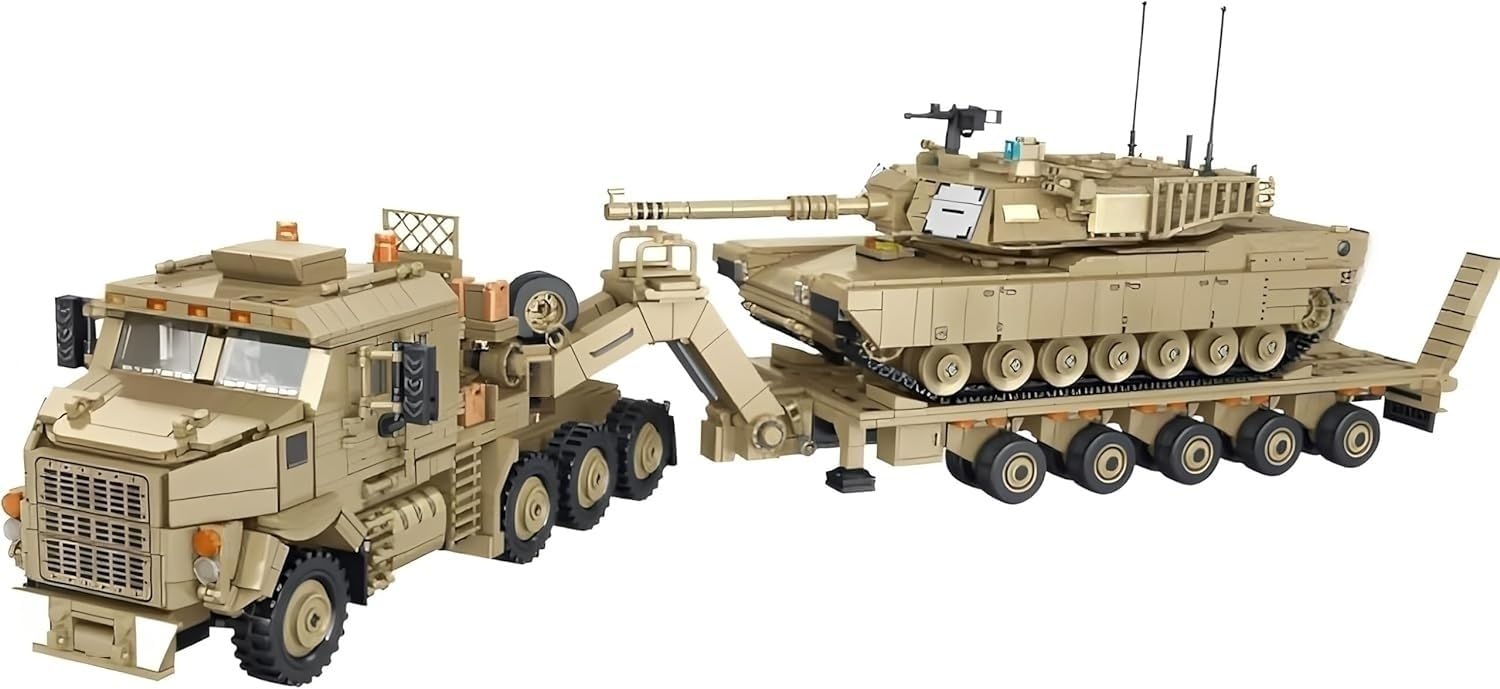 Technik Militär LKW M1070 HETS mit Anhänger und Panzer, Klemmbausteine Militärfahrzeuge Modellbausatz aus 3482+ Teile und 5 Soldaten(Ohne Bedruckte Originalkarton)