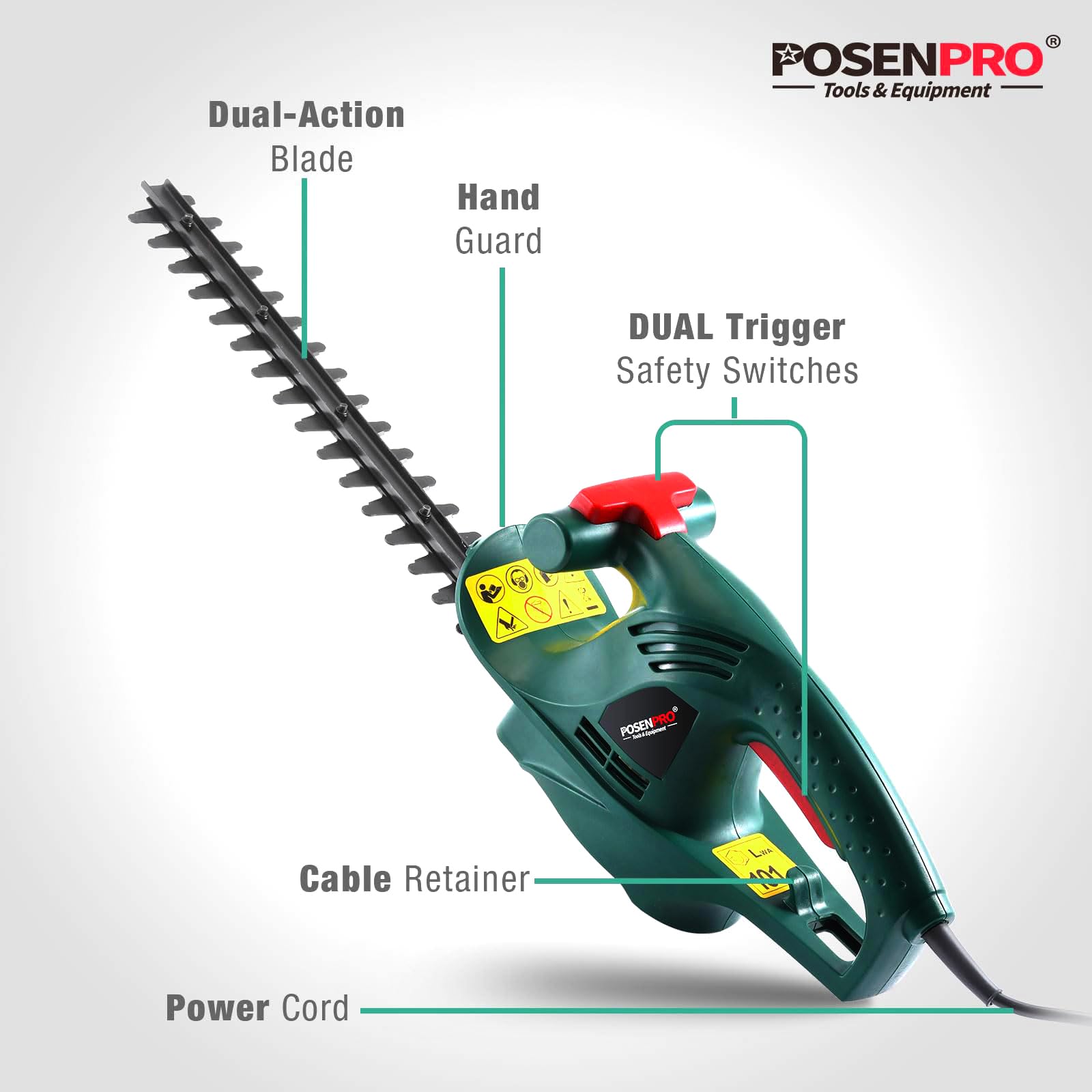 POSENPRO Taille-haie électrique 450W, Lames 45 cm, Asymétrique 16 mm, 2,0 kg