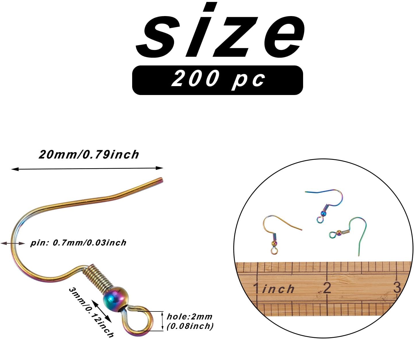 Fashewelry 200Pcs Multi-Color 201 Stainless Steel Earring Fish Hooks Rainbow Surgical French Ear Wires with Ball and Coil Tube Ends 21 Gauge Pins for Dangle Drop Earrings Making 20mm - Image 2