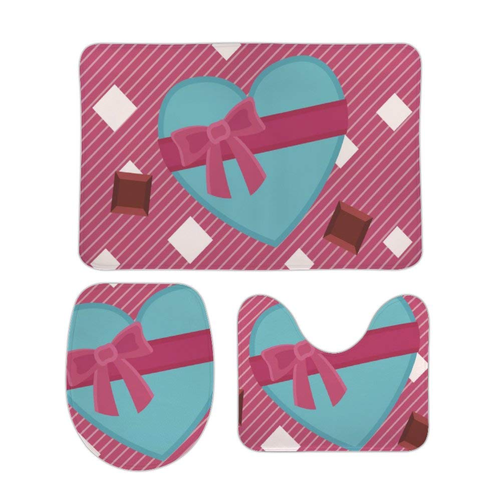 Yilooom Pink Love Heart Happy Valentine's Day 3-Piece Set Of Non Slip Bath Rugs Including Bathroom Mat Contour Mat Toilet Lid Cover Home Doormat 18 X 30 Inch