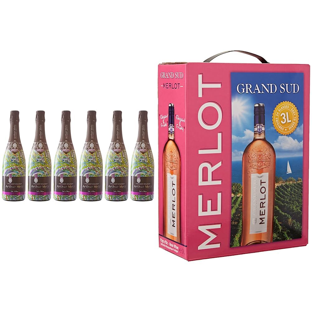Arthur Metz - Crémant Blanc d'Alsace Brut, Méthode traditionnelle, vieilli sur lattes (6 x 0,75 L) & Grand Sud - Merlot Vin Rosé du Pays d'Oc, France - Bag in Box 3l (1 x 3 L)