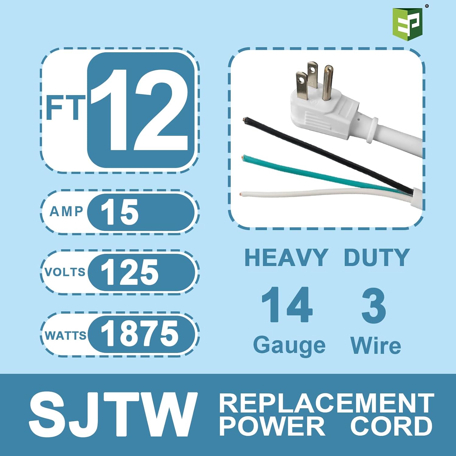 EP 2 Pack 12 Ft Flat Plug Appliance and Power Tool Cord, 14 Gauge 3 Prong 15A Replacement Power Supply Cord Cable, 110V 115V 120V AC Pigtail, White