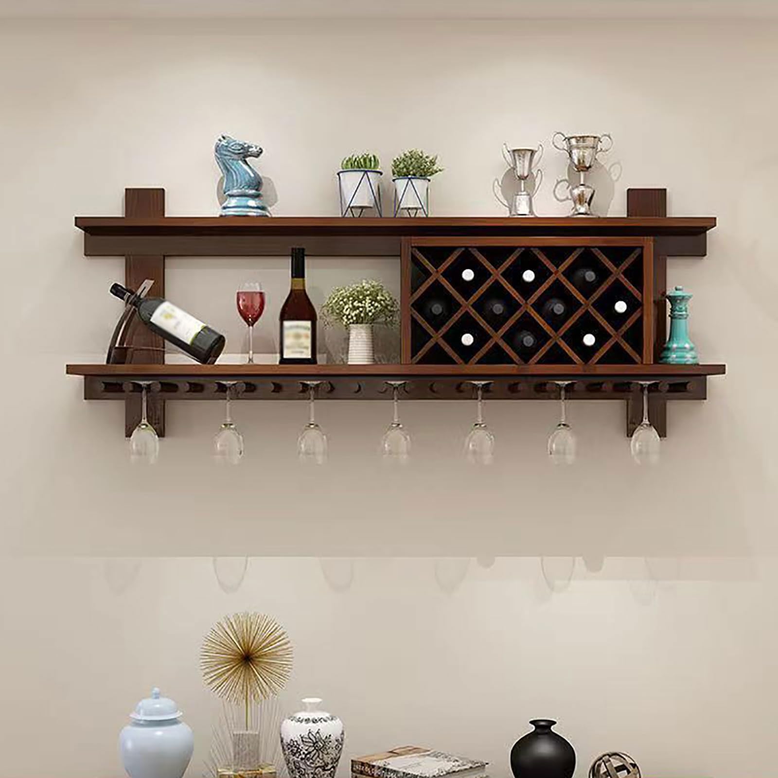 Estante de Pared para Botellas de Vino con Capacidad para 4-10 Botellas y Soportes para Copas, Estante de 80-140 cm para Accesorios de Bar, Estante Expositor para Bebidas y Vino para el hogar