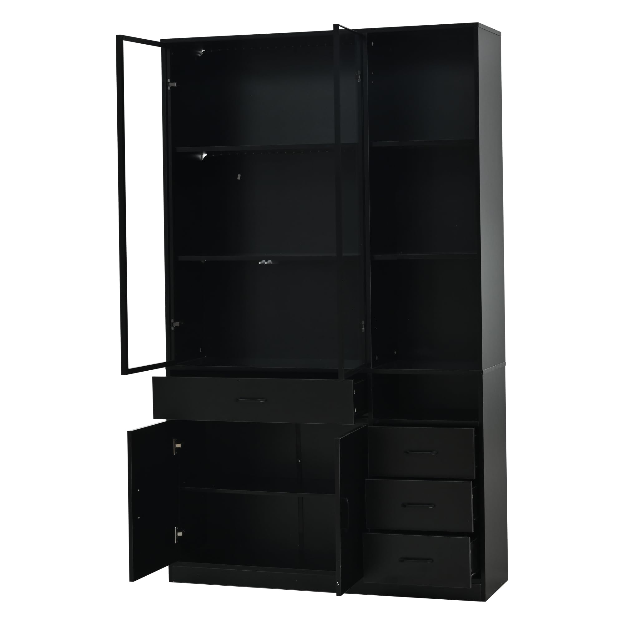 Kebnor Hochschrank mit Glasvitrine&LED,Bücherschrank mit13 Stauraumbereichen,4 Schubladen&Türen Vitrinen, Aufbewahrungsschränke,Schränke,Geeignet für Esszimmer und Wohnzimmer(120x35x200cm（Schwarz）)
