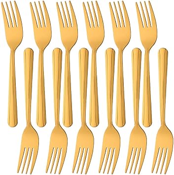 Salad Forks Set of 12, 6.2 Inch Stainless Steel Dessert Forks, Silverware Flatware Forks, Appetizer Forks with Clean Lines Handle for Tastings Cake Fruit, Dishwasher Safe- Gold