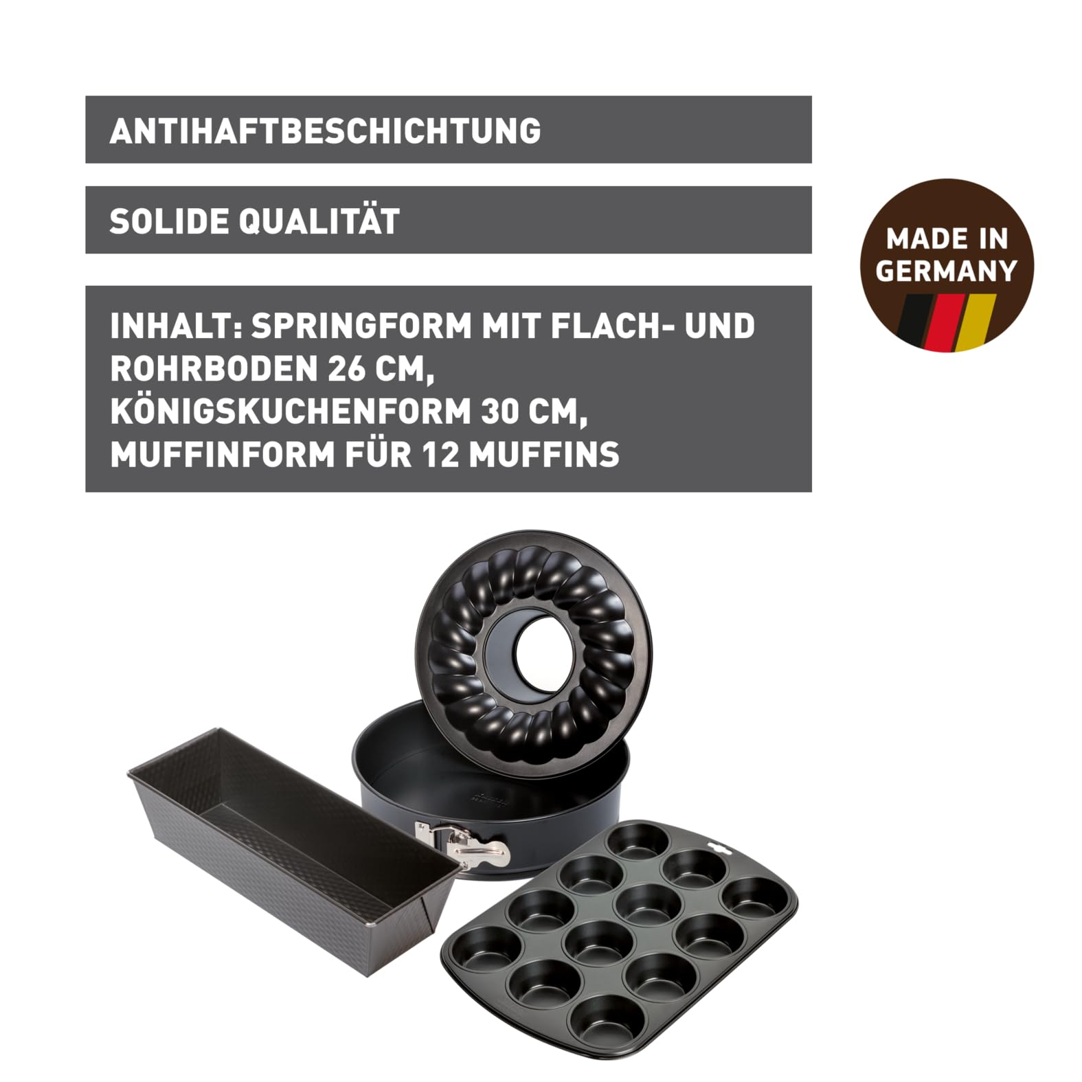Original Kaiser Classic Backformen Backset 4-teilig, Springform Flach- und Rohrboden 26cm, Kastenform 30cm, Muffinform/ Muffin Backblech 12 Muffins, antihaftbeschichtet, Schwarz
