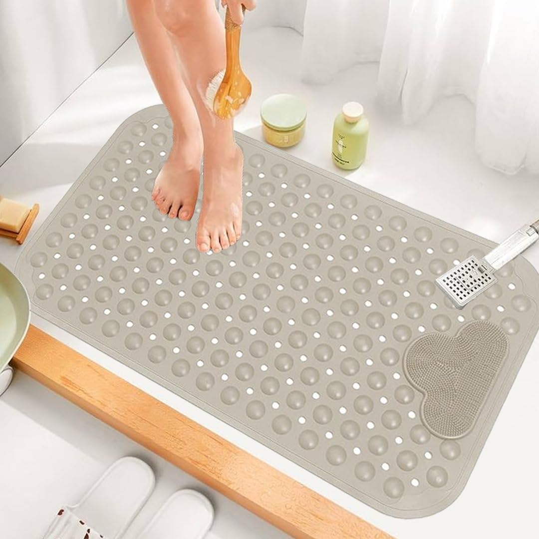 Cream Shower Mat with Foot Massager 2 Pack - 70x40 cm Bath Mat Non Slip Anti Mould & Mildew with Strong Suction Cups and Drain Holes - Soft PVC Bathroom Mat, Quick Dry & Machine Washable