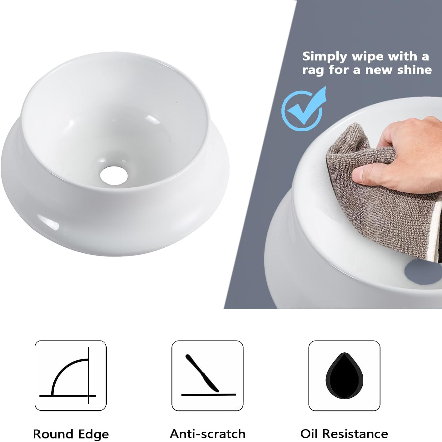 SATICO Vessel Basin Sink Round White Ceramic 14.17'' X 14.17'' Bathroom Vessel Sink Above Counter Lavatory Vanity Sink with Base,Porcelain Art Basin, Model AB14146