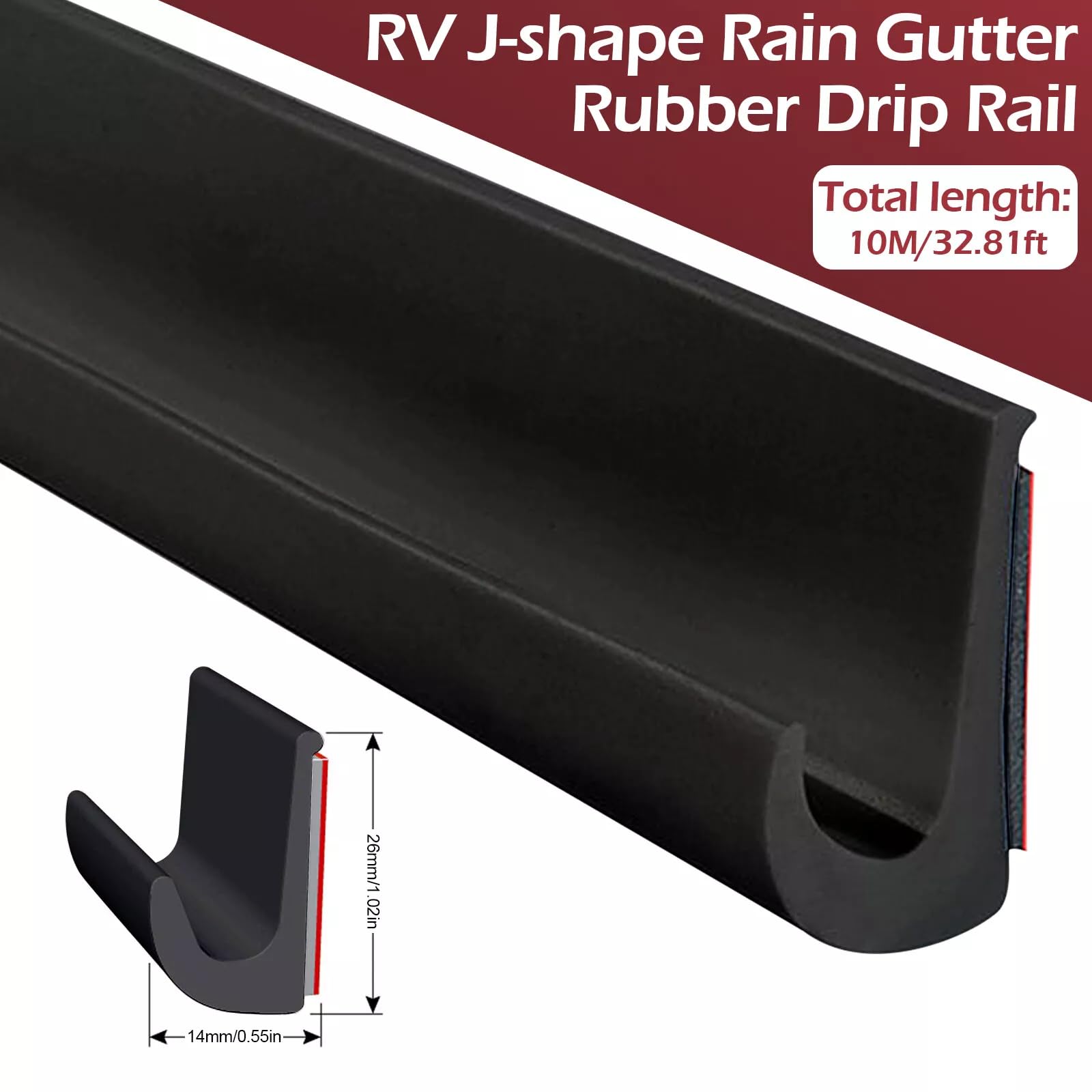 TPE J Shape Rain Gutter for RV, 10m Self-Adhesive Roof Drip Tape, Black