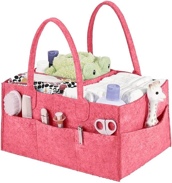 Esoes Diaper Caddy Organizer, Baby Diaper Caddy, Nursery Storage Basket Bin and Car for Diapers and Baby Wipes, Nappy Bags for Mom, Toys Storage for Child (Pink)
