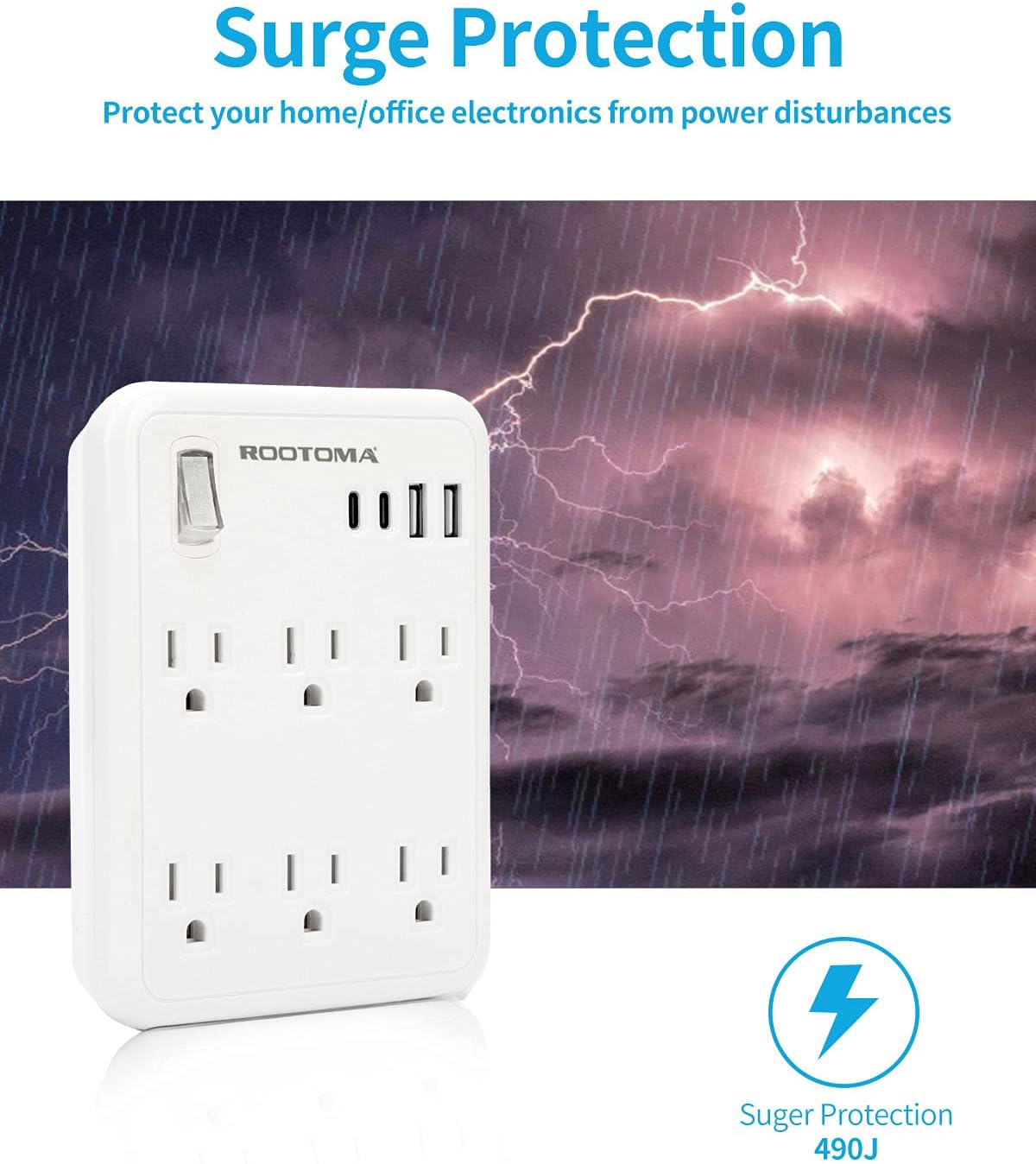 Wall Outlet with USB Ports, 6 Outlet Wall Plug Extender with Switch, Wall Surge Protector Outlet, USB Wall Charger Multiport, USB C Power Strip, USB C Plug Extender for College Essentials,Home,Office : Tools & Home Improvement