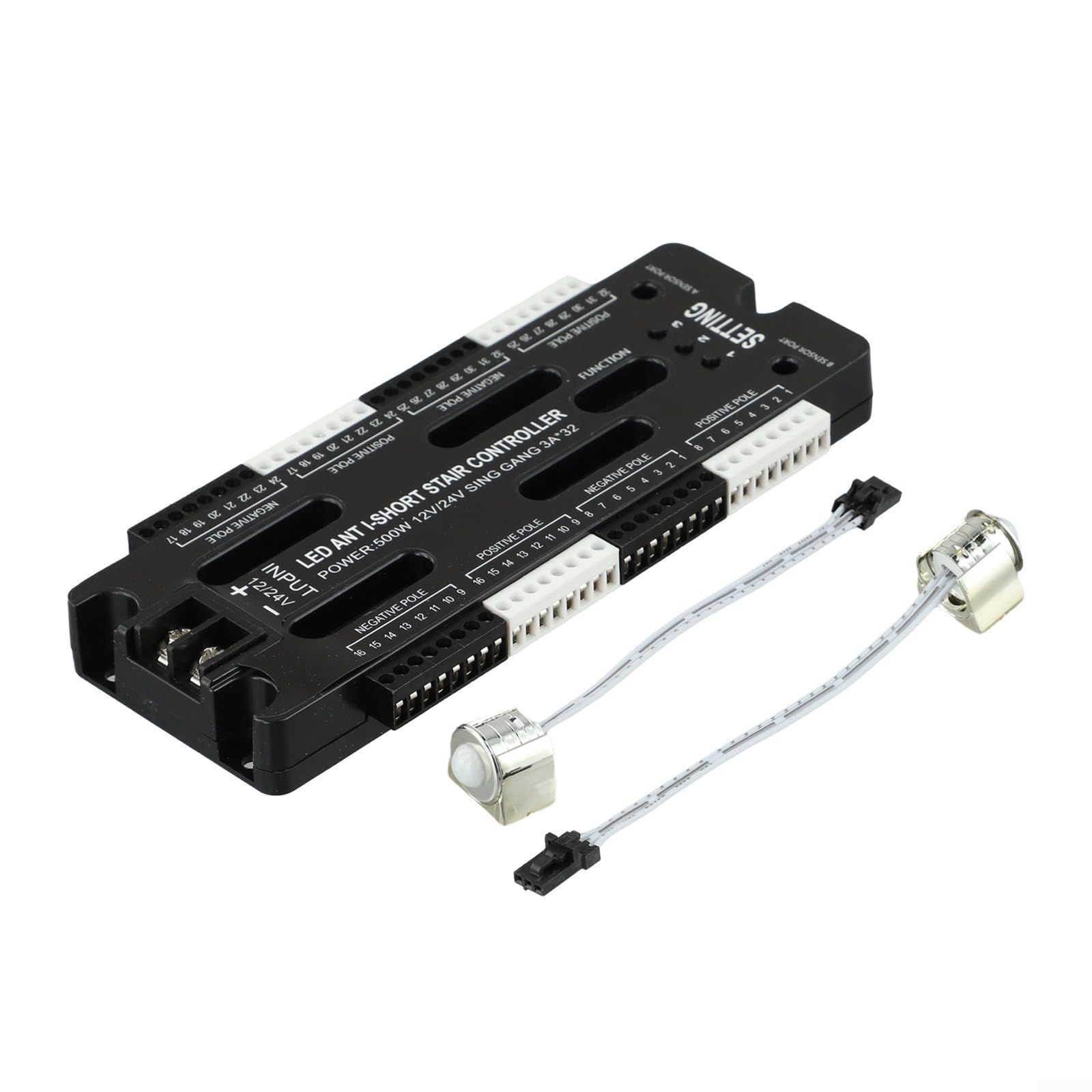 Eawfgtuw Kit de controlador de luz LED de escalera de 32 canales, con sensor de movimiento, iluminación interior de atenuación automática, compatible con CC 12 V-24 V, ajustes de temporizador