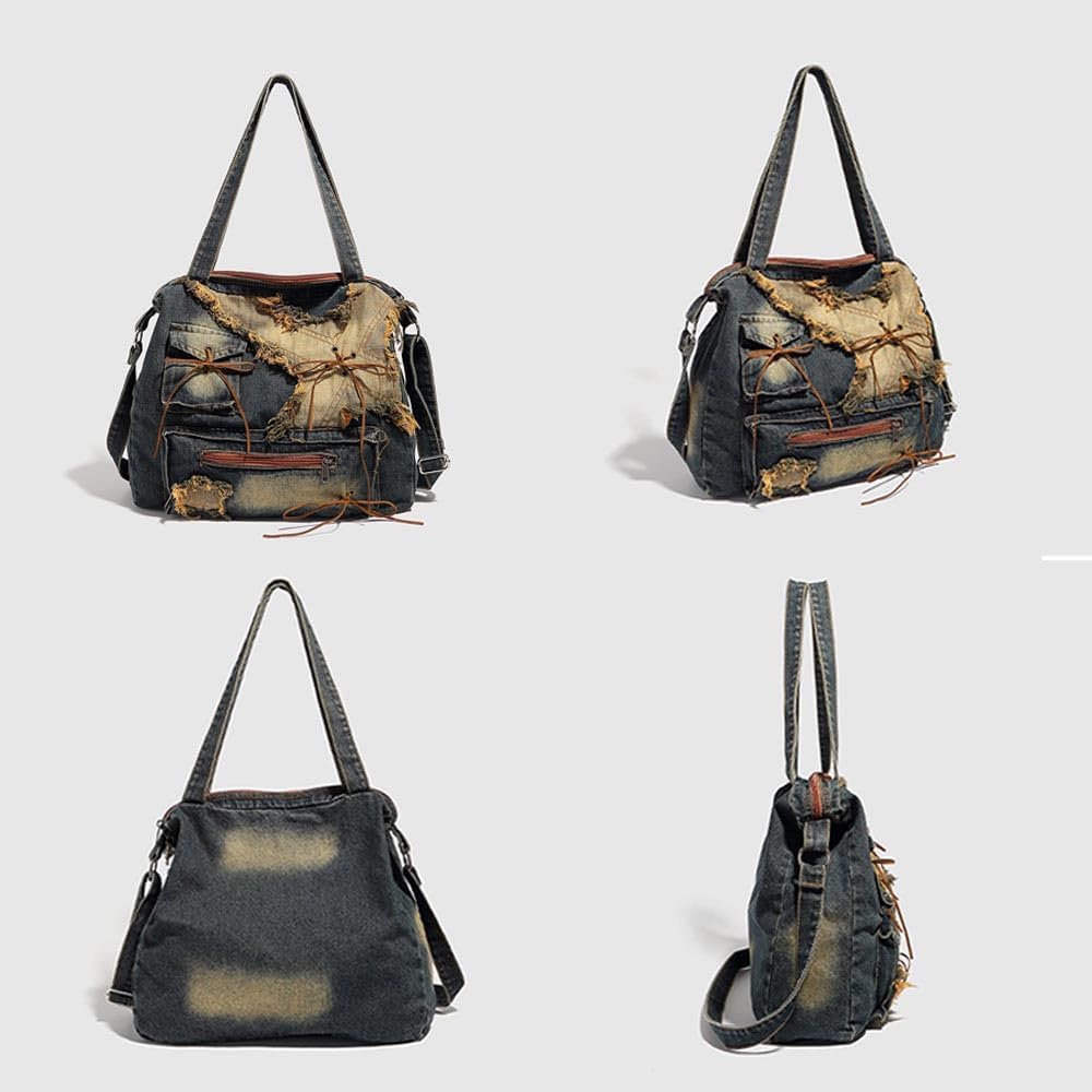 Y2K large capacity tote bag, spicy girl bag, retro shoulder bag, washed denim bag, casual women's bag