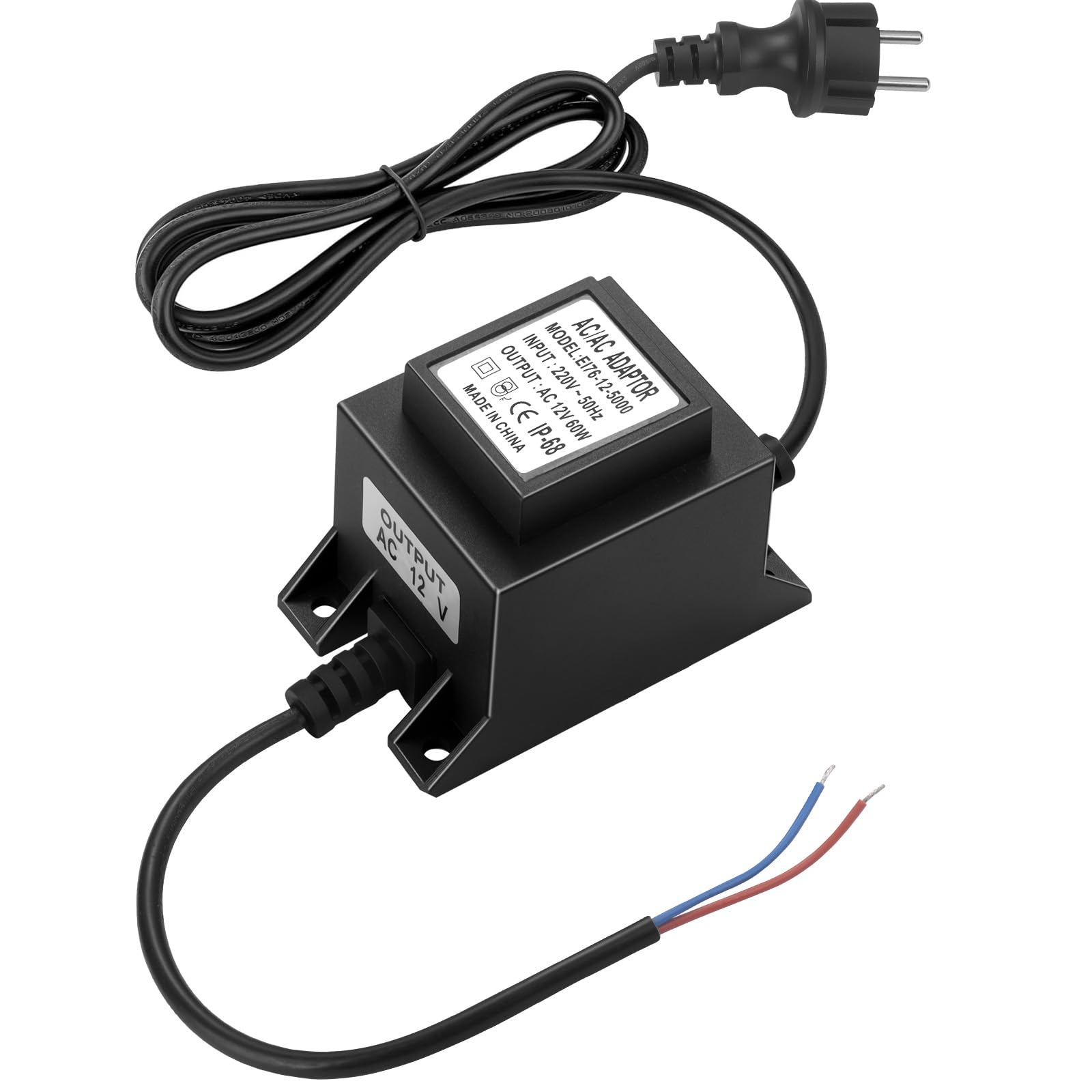 Trasformatore 220V 12V AC 60W 5A, IP68 Impermeabile Alimentatore per Luci da Giardino, Fontana e Piscina