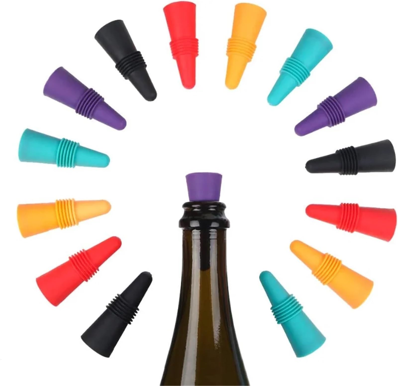 Bouchons de vin 25 pièces, scellant bouteille en Silicone for Champagne et boissons, économiseur fraîcheur avec poignée 5 couleurs mélangées(Orange)