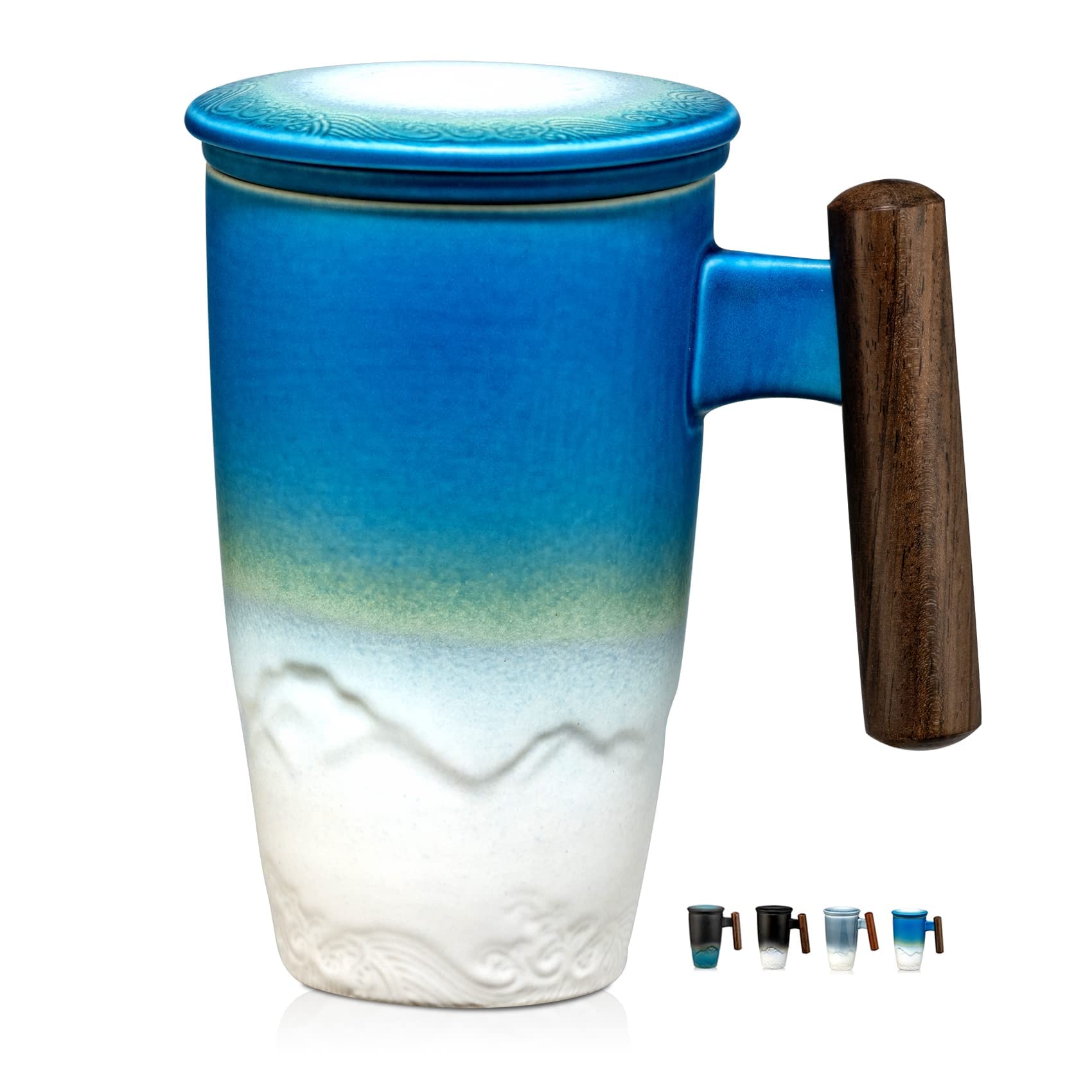 suyika Tomotime Ceramic Tea Cup with Infuser and Lid Tea Mugs Wooden Handle 400ml/13.5oz (Cyan Blue)