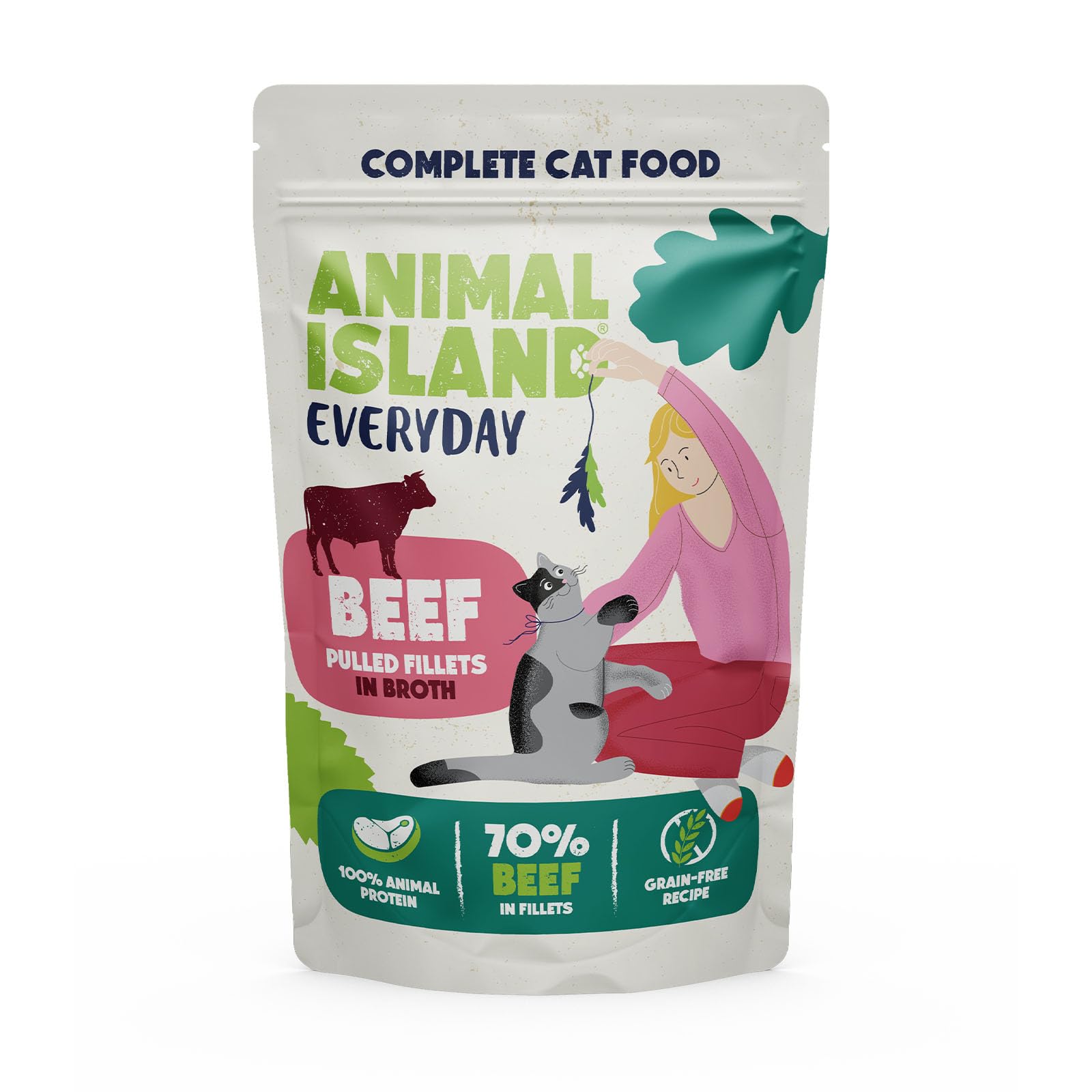 Animal Island Alimento Húmedo para Gatos Adultos Filetes de Ternera y Pollo en Caldo Sin Cereales Sin Azúcares Añadidos Alimento Completo Sobres, 40 x 85g