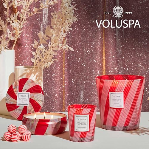 Image of Voluspa Crushed Candy Cane, Large Candle Jar, 18 oz, 100 Hour Burn Time, Coconut Wax for Clean Burning, Handcrafted in the USA