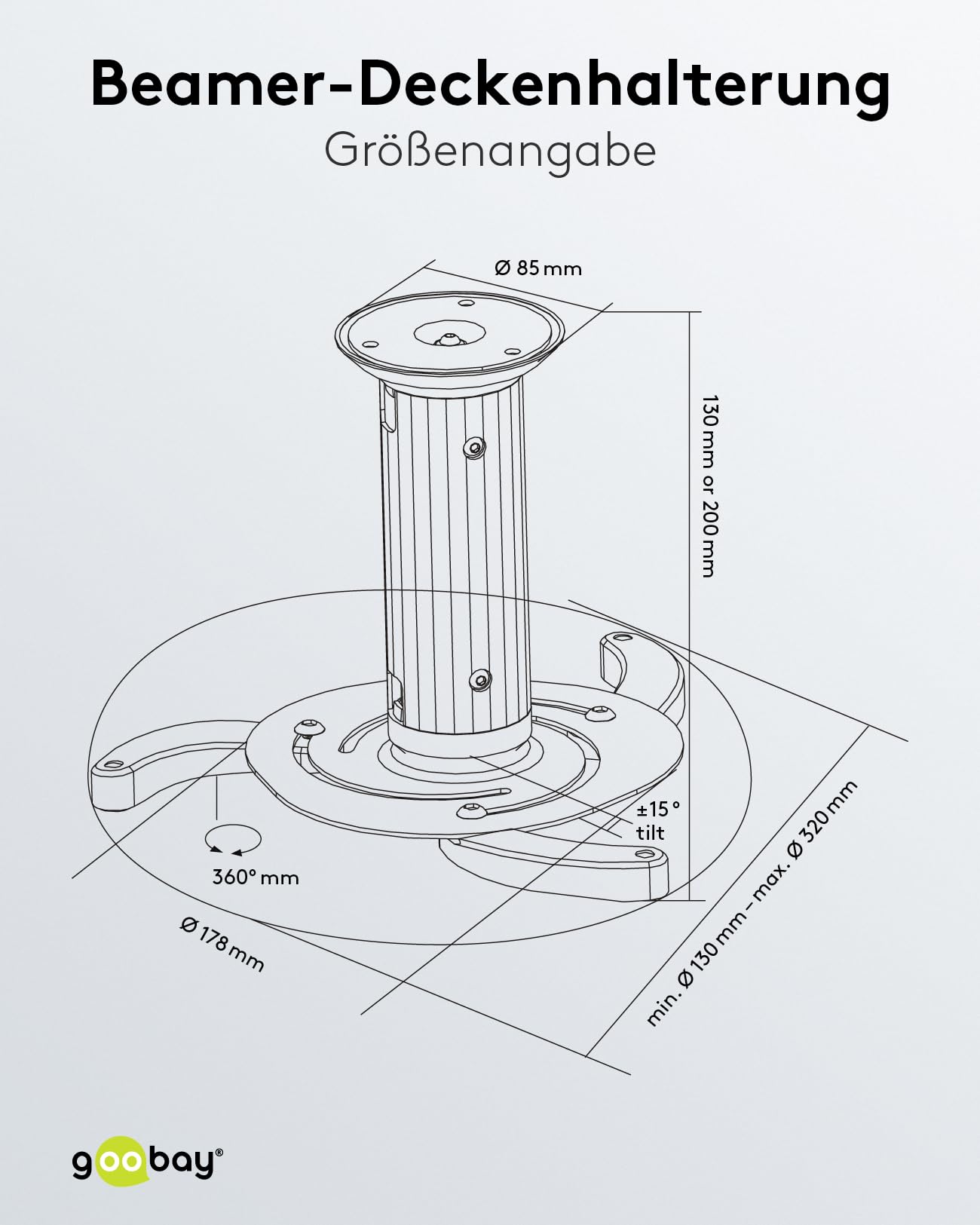 Beamer-Deckenhalterung, flexibel, neig- drehbar, bis 10 kg, silber