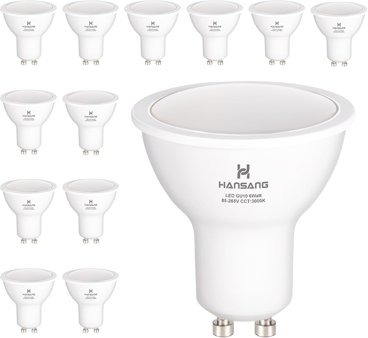 hansang 12 Pack GU10 LED Bulbs 3000K Soft White, 6W(50W Equivalent), 2 Prong Base MR16 Bulb, CRI 85+ 600LM 120 Degree 120V for Kitchen, Range Hood, Track Lighting, Living Room, Non-Dimmable