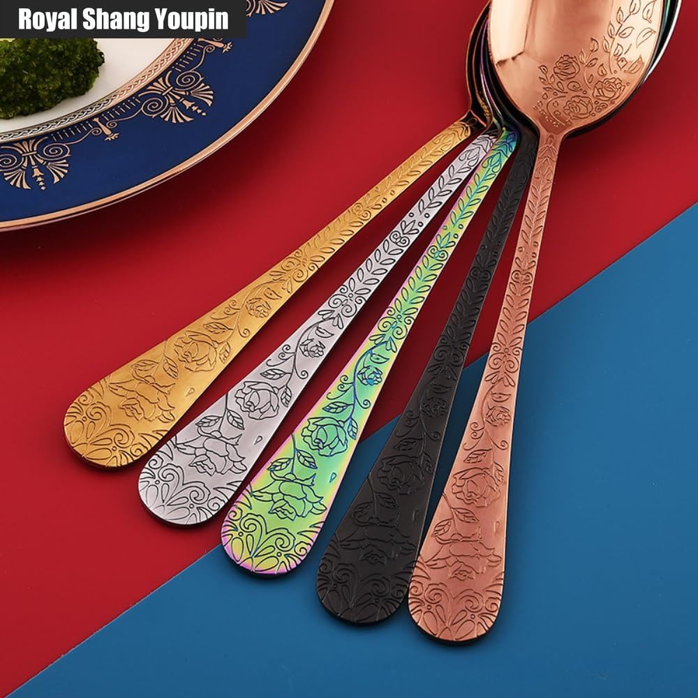 20 Stuks Vintage Reliëf Gouden Bloem Keuken Roestvrij Staal Zilverwerk Servies Bestek Bestekset Voor 4 Personen, Steak Mes Vork Lepel Thee Lepel