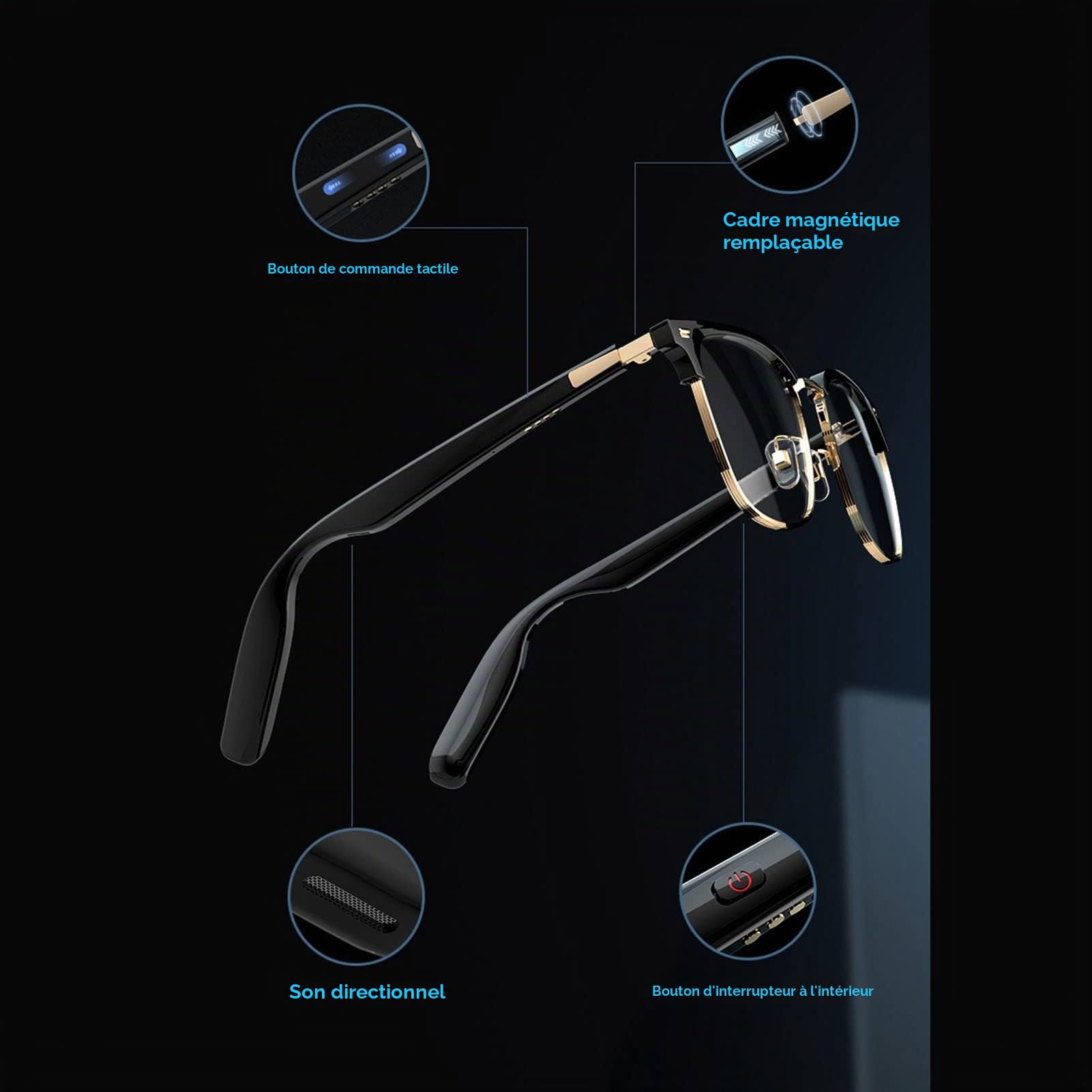Lunettes Intelligentes Bluetooth 5.3, IP67 Étanches Double Batterie 115mAh Autonomie 7h | Détection Corps Humain Activité Sport Course Conduite | Haut,parleur AAC Micro Intégré