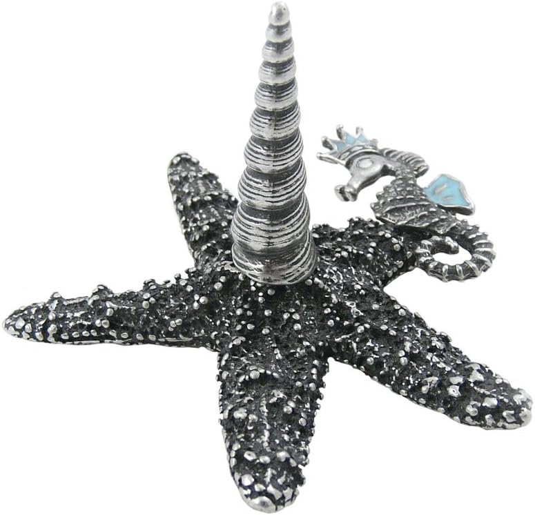 American Made Pewter Starfish Ring Holder with Enameled Seahorse Accent