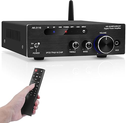 AEXCVG Amplificador de audio estéreo de alta fidelidad, receptor estéreo Bluetooth 5.0 AK-3116, 2.0 canales 100 W x 2 mini amplificador Bluetooth