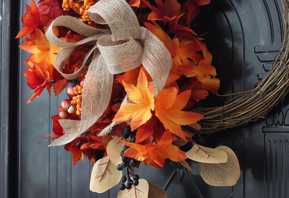 Couronne D'Automne Pour Porte D'Entrée 40cm - Guirlande Citrouilles Artificielles Avec Feuilles D'Érable, Baies Et Pommes De Pin Pour Halloween Et Thanksgiving
