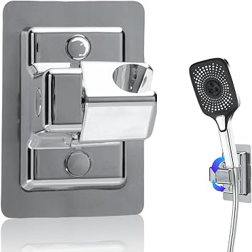 Handheld Shower Head Holder Wall Mount, Adjustable 360 Strong Adhesive Shower Head Holder, No Drilling Black Bathroom Bracket, Universal Waterproof Shower Holder Replacement Chrome