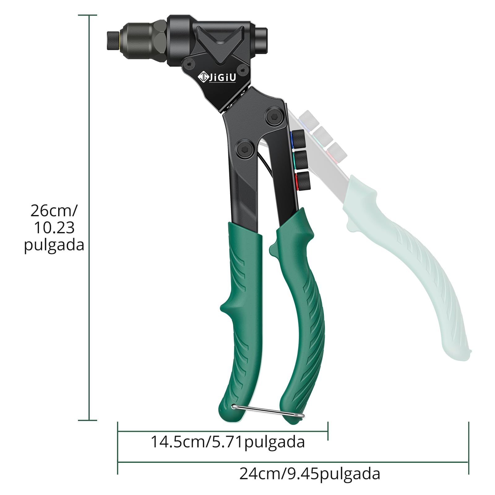 JiGiU 3 en 1 Pistola Remachadora 360°Remachadora de Tuercas y Alicates para Remaches con 4 Mandriles M3 M4 M5 M6,4 Boquillas de 2.4mm 3.2mm 4.0mm 4.8 mm (con 40 Tuercas de Remache y 40 Remaches)