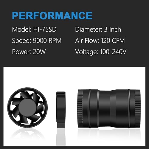 Miniatura 3 de Hon&Guan Ventilador en línea de 3 pulgadas con controlador de velocidad de 120 CFM con potencia ultra baja de 20 W y bajo nivel de ruido