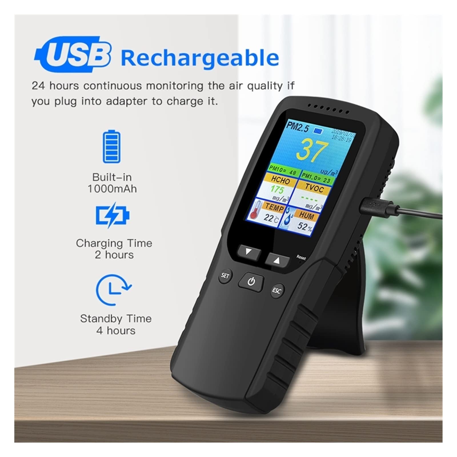 Rilevatore Gas, Monitor della qualità dell'Aria 9 in 1 Indoor Outdoor PM2.5, PM1.0, PM10, HCHO, rilevatore Tester Sensore di Temperatura e umidità per Lavoro, Casa