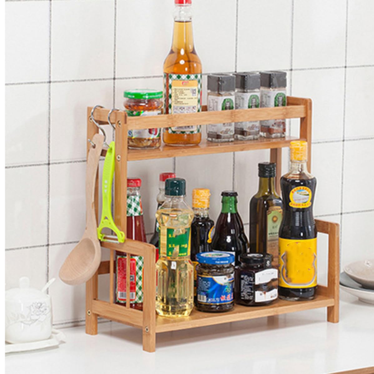 Organizador de Gabinetes de Cocina de Bambú Beige de 2 Niveles, Estante Multifunción para Condimentos y Especias, Ahorro de Espacio para Decoración de Cocina