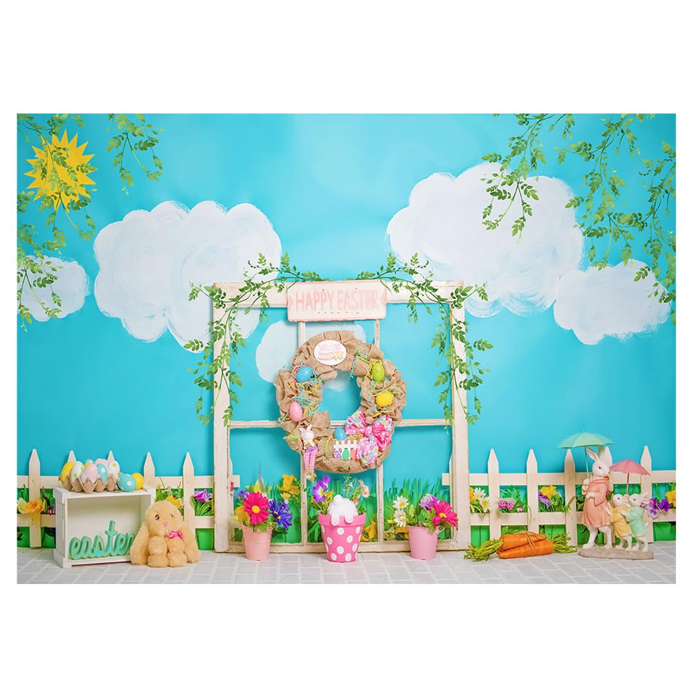 CGXINS Spring Happy Easter Garden Rabbit Background Cartoon Elements Blue Sky White Clouds Photography Backdrop Wooden Fence Polyester Kids Newborn Portrait Photo Booth Props 7x5ft
