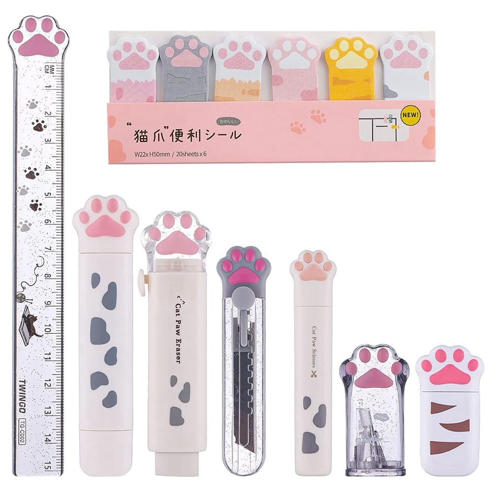 Elqater 8 Pcs Cute Cat Stationery Set Kawaii School Supplies Including Pencil Sharpener Retractable Eraser Reusable Easy to Use (White)