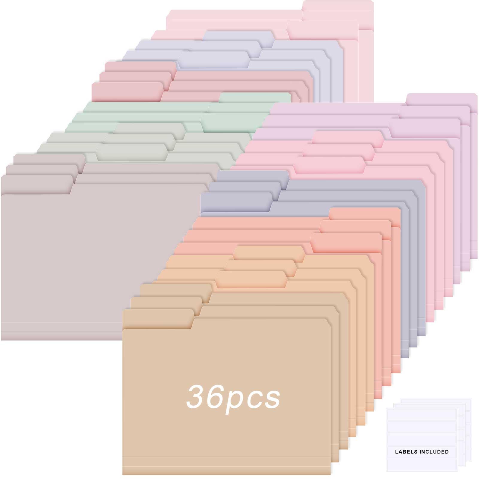 Colored Manila File Folders Letter Size Poly Plastic Paste File Folder with Sticky Labels 9.5 x 11.5 Inch 1/3 Tab Multi Colored File Folders Waterproof for Office School(Sweet Color, 36 Pcs)