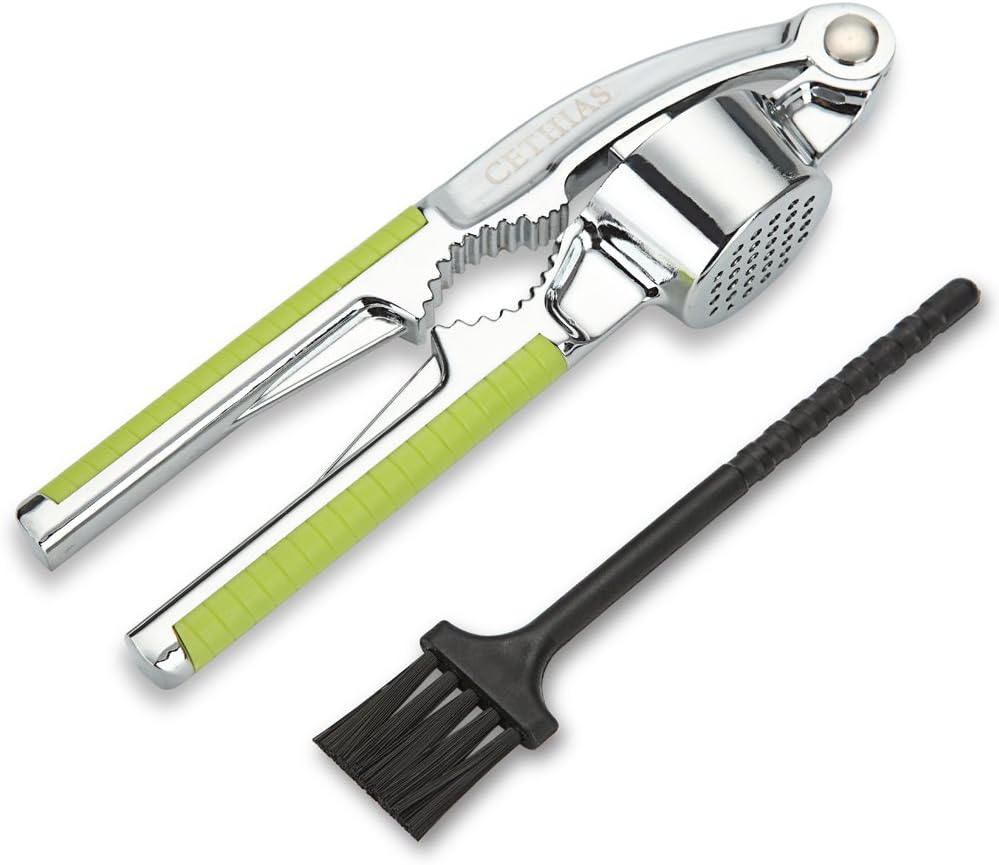 Garlic Press Nut Cracker with BONUS Cleaning Brush - Easy Cleaning - Mince and Crush Garlic and Ginger Easily (Green)
