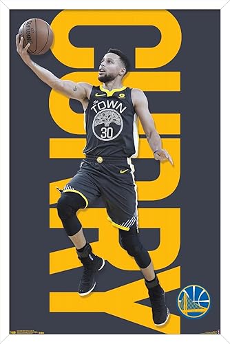 Trends International NBA Golden State Warriors - Póster de pared de Stephen Curry 18, 14.725 x 22.375 pulgadas, versión enmarcada en blanco