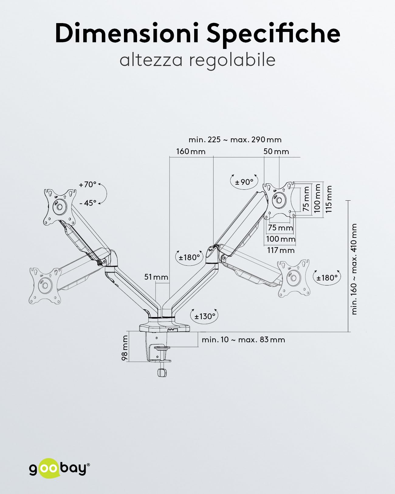 goobay Supporto doppio per monitor – con molla a gas, per schermi da 17 a 32 pollici, inclinabile e orientabile, morsetto da tavolo, portata 9 kg, con sistema di gestione, VESA 75x75 e 100x100