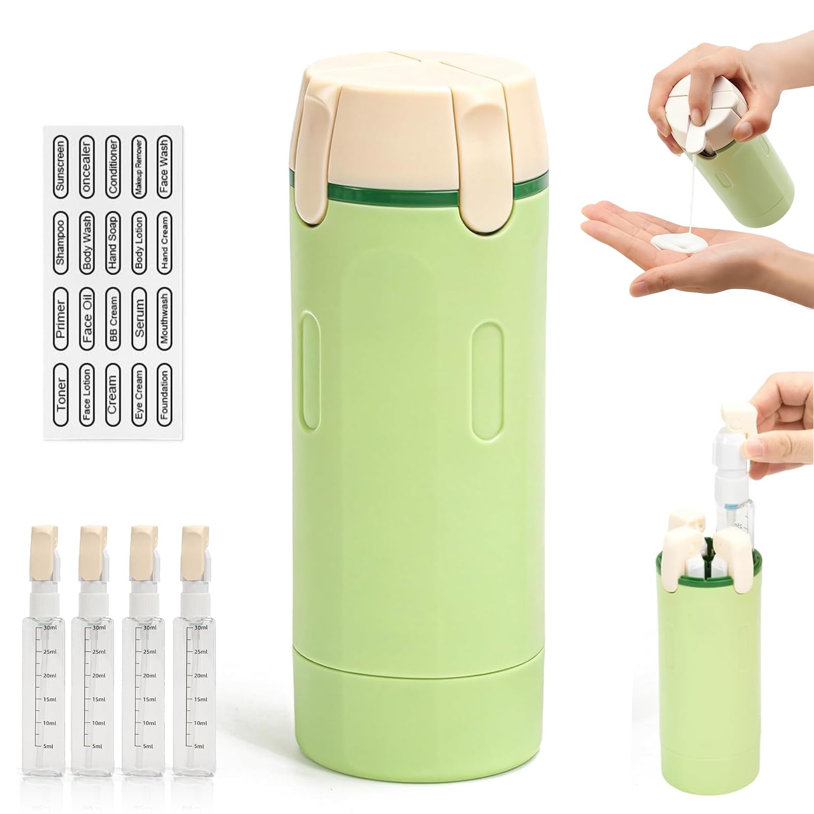 4 in 1 Travel Bottle Dispenser, Leak Proof Refillable Travel Bottles for Toiletries, Portable Space Saving Travel Containers for Shampoo, Lotion, Conditioner & Cream (30ml x4, Green)