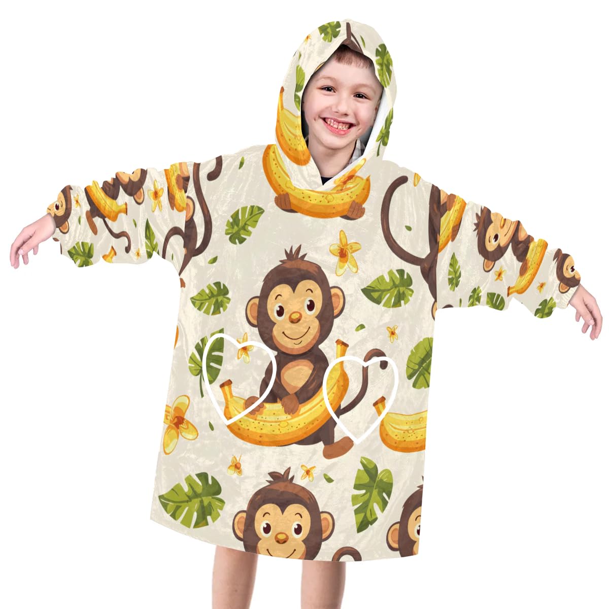 Pardick Wearable Blanket Hoodie for Kids, Forest Monkey Fleece Sweatshirt Blanket Oversized Blanket Sweatshirt with Pocket Flannel Warm Hooded Blanket 6-10 Year Old Girl Boy Gift, One Size