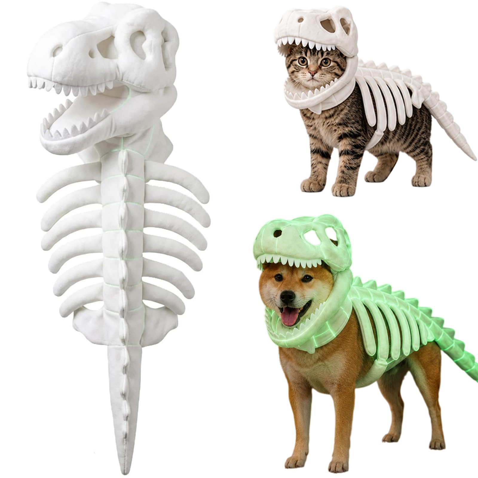 Pet Dinosaur Costume, Glow-in-the-Dark Dinosaur Skeleton Dog and Cat Costume, Soft Plush Halloween Pet Hood Outfit (white,45cm/18in)