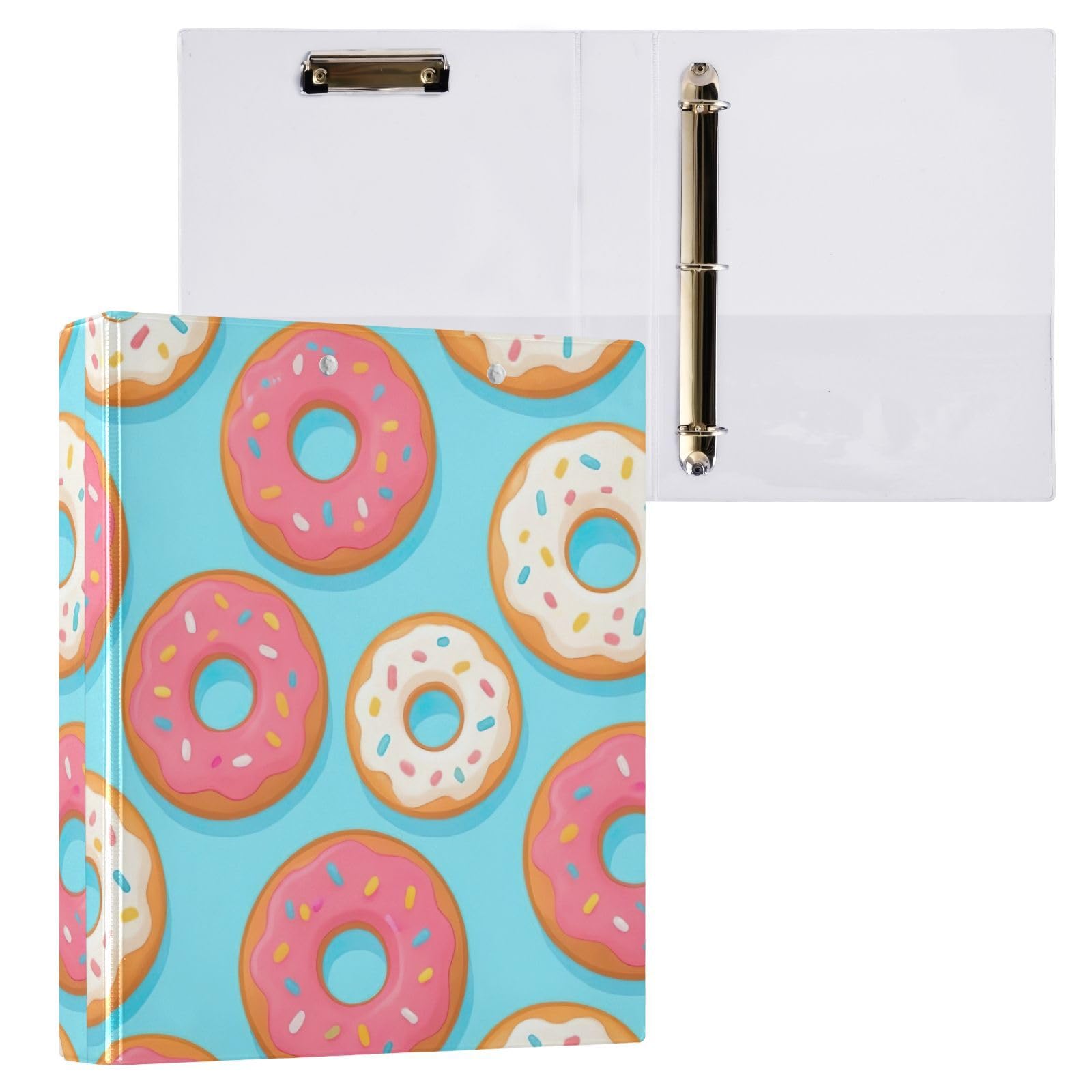 Carpeta de tres anillos con diseño de donas coloridas, color rosa, blanco y azul, carpeta de anillos en D, paquete de 2 | Con portapapeles y bolsillos, para escuela, universidad, oficina
