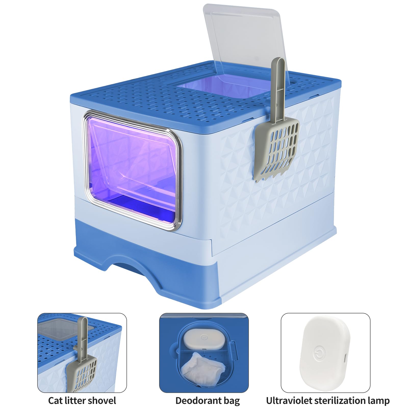 Bandeja para cama de gato, con pala incluida, bandeja extraíble, 2 aberturas (52 x 39 x 39 x 39 cm-Bleu+UV)