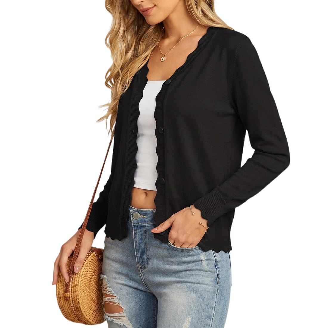 Women's Lightweight Long Sleeve V-Neck Button-Down Cardigan Sweater with Scalloped Edge Detail Black Casual Relaxed Fit Open Front Knit Top for Women