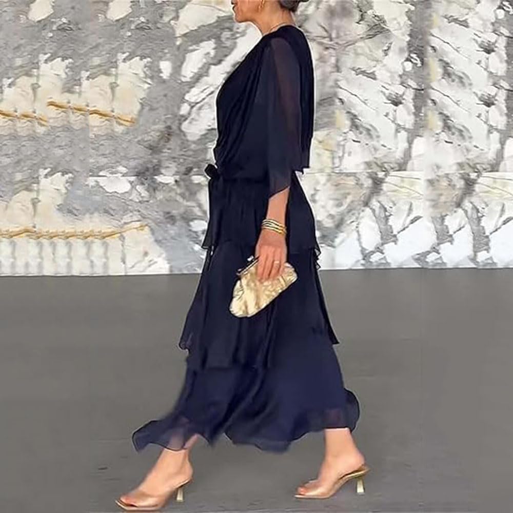 Fluente Chiffon Profondo V Collo Midi Abito per le Donne Elegante Chiffon V-collo Solido Sexy Casual Trendy Abito Estivo